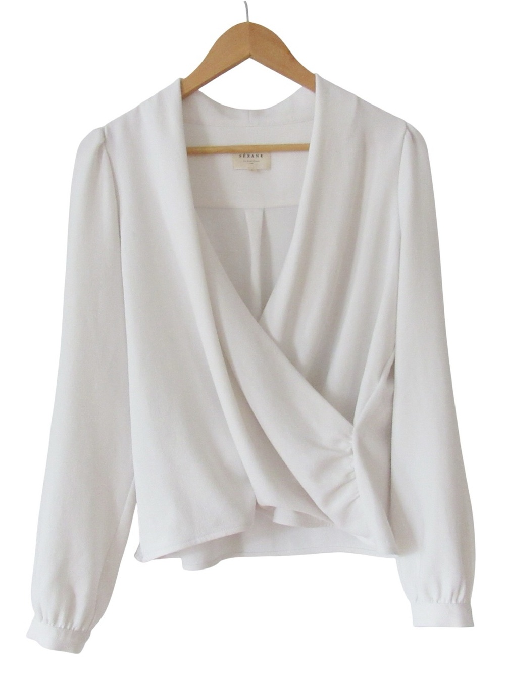 Sézane Abelia Wrap Blouse 40 FR / 8 US Ercu Cream Long Sleeves V-Neck Flaw
